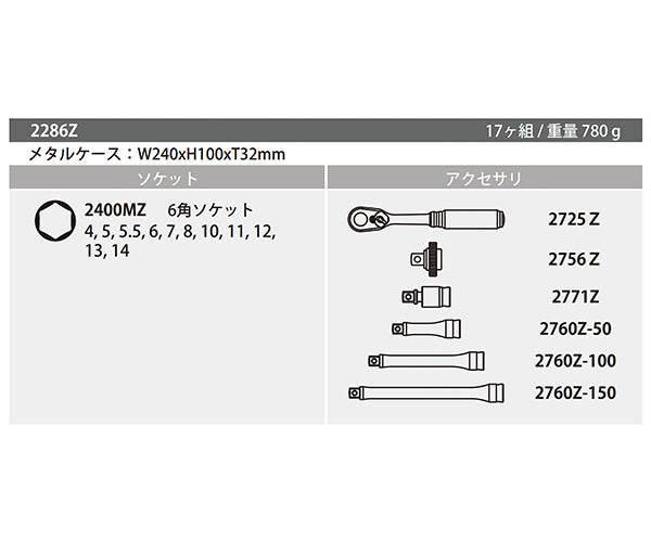 コーケン Z-EAL 6.3sq.ソケットセット17ヶ組 1/4(6.35mm) 2286Z-G72 Ko-ken ジール 72枚ギアラチェット採用リニューアルモデル メタルケース入り