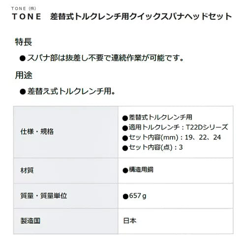 TONE 差替式トルクレンチ用交換クイックスパナヘッドセット T22Dシリーズ 3点セット (22DRSQ30)(4953488437263) トネ