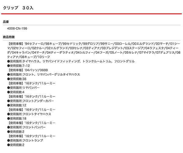 ムーブオン 4006-CN-196 クリップ 30入 フロント、リヤバンパーグリルタイヤハウス等用 車 自動車 クリップ