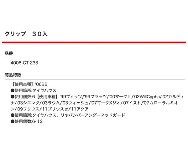 ムーブオン 4006-CT-233 クリップ 30入 タイヤハウス、リヤバンパーアンダーマッドガード用 車 自動車 クリップ