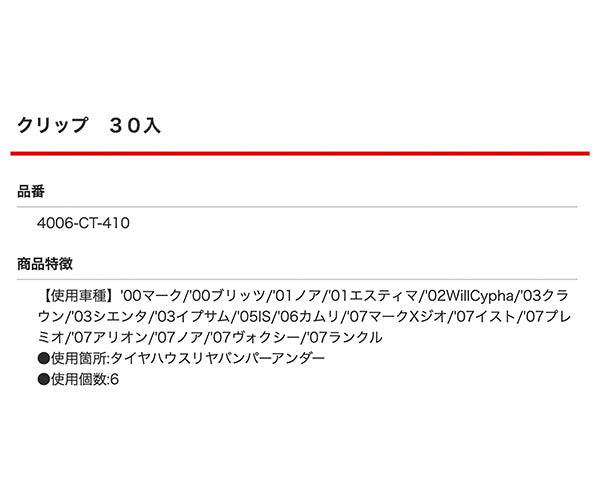 ムーブオン 4006-CT-410 クリップ 30入 タイヤハウスリヤバンパーアンダー用 車 自動車 クリップ