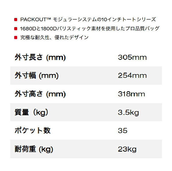 日本正規品 ミルウォーキー PACKOUT ベルト付き10インチタフトートバッグ (48-22-8311)(4573592054776) milwaukee