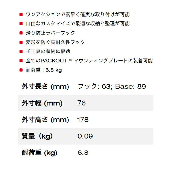 日本正規品 ミルウォーキー PACKOUT ユーティリティフック 湾曲タイプ Sサイズ (48-22-8335)(4573592051447) milwaukee