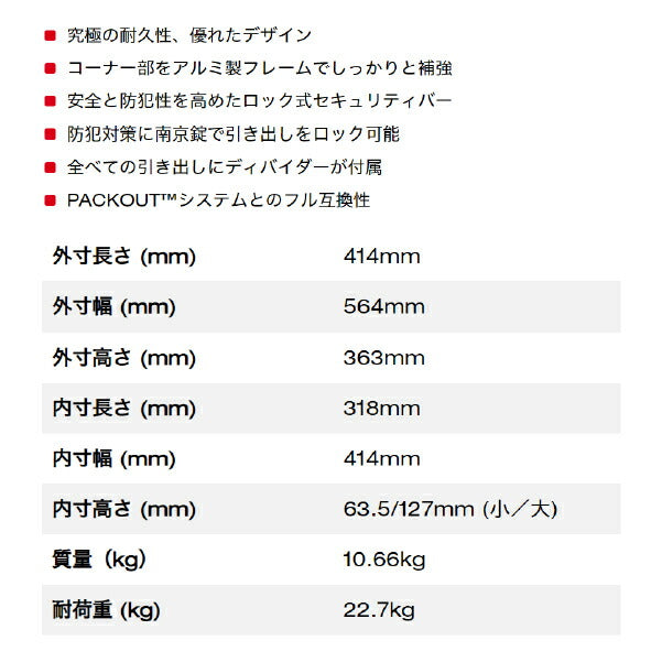 日本正規品 ミルウォーキー 工具箱 PACKOUT マルチサイズ引き出し収納 3段 (48-22-8447)(4573592054752) milwaukee