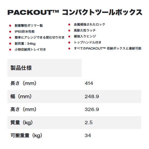 日本正規品 ミルウォーキー PACKOUT コンパクトツールボックス (48-22-8422)(4573592050235) milwaukee