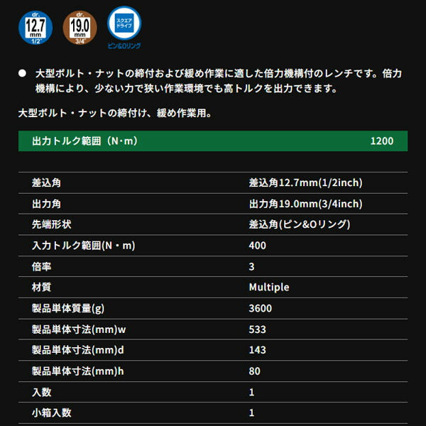 TONE 倍力レンチ パワーレンチ 倍率約3 最大入力トルク400N・m (6-150N)(4953488086355) トネ