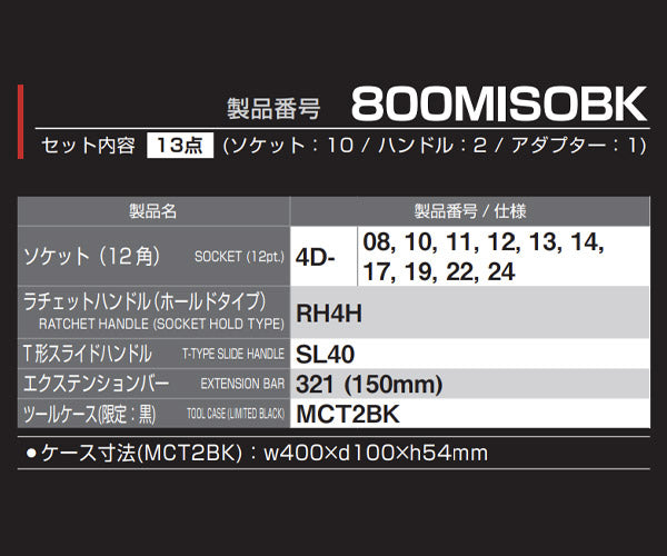 【5月の特価品】TONE 12.7sq.ソケットレンチセット(限定ブラックケース採用モデル) 800MISOBK 数量限定生産 1/2 12.7mm角 ソケット・ラチェットセット トネ