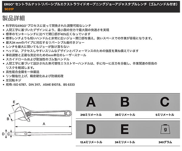 日本正規品 バーコ パイプレンチ兼用大口モンキーレンチ 最大口開き39mm ブラック仕上げ (9031P)(7314150187539) BAHCO