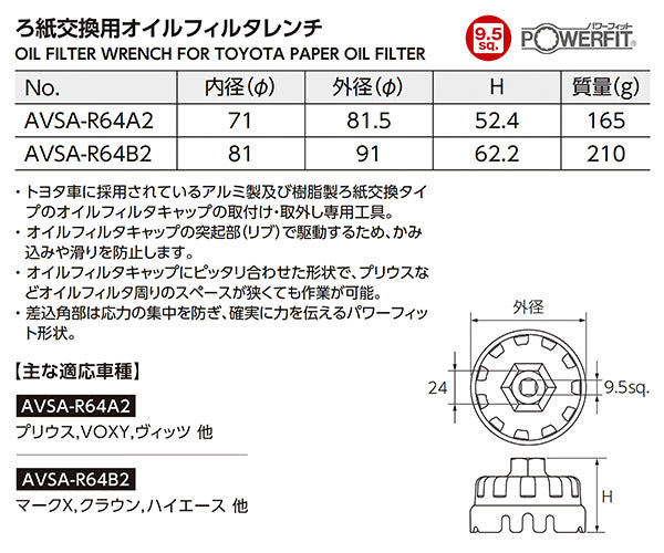 KTC ろ紙交換用オイルフィルターレンチ AVSA-R64A2 内径Φ71mm プリウス VOXY ヴィッツ他オイルフィルターキャップ専用工具