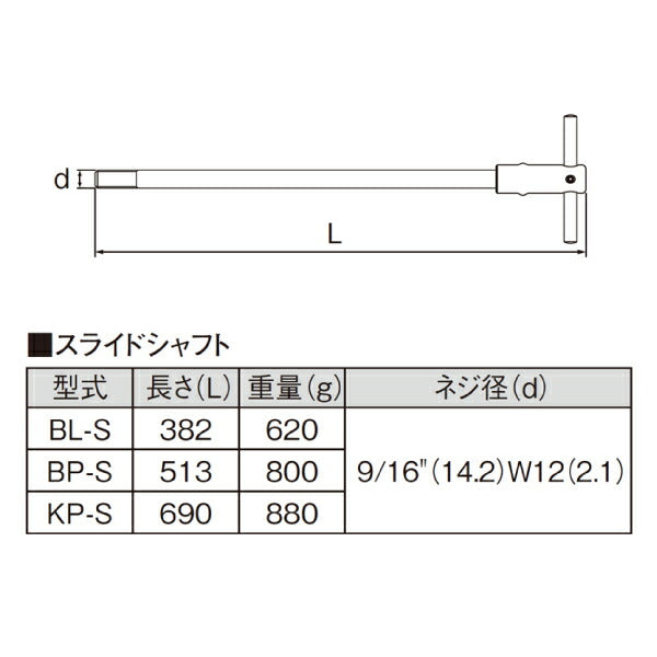 KOTO BP-S スライドシャフト 長さ513mm 取付部ネジ径 9/16 W12 スライドハンマー BL-H、KP-H、BP-H と組合せ可能 江東産業