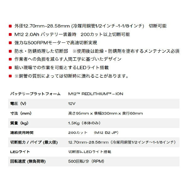 日本正規品 ミルウォーキー M12 銅管カッター (C12 PC-0C JP)(4573582681067) milwaukee