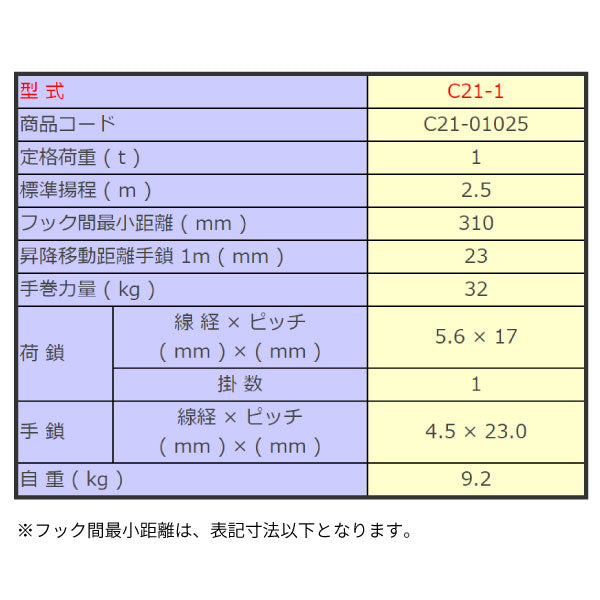 象印 C21型チェンブロック 1ton C21-01025 荷重1t 揚程2.5m ドイツ安全審査機関認定 JIS規格品(JISB8802)