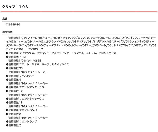 ムーブオン CN-196 クリップ 10入 タイヤハウス リヤバンイドフイッティング トランクルームトリム フロントグリル用 車 自動車 クリップ