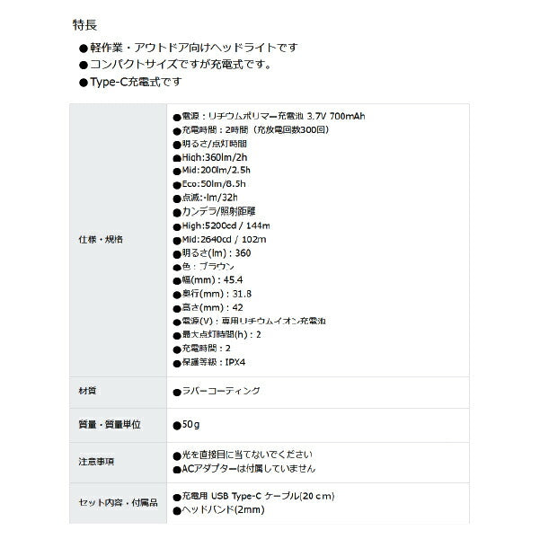 GENTOS 充電式ヘッドライト CP-360RAB ジェントス LEDライト 360ルーメン スポットビーム USB Type-C充電