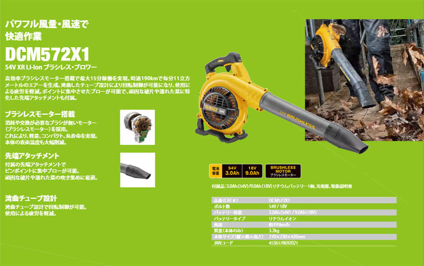 日本正規品 デウォルト 54V Flexvolt ブロワー 風力190km/h 風量11m3/分 先端アタッチメント付 バッテリー・充電器付 (DCM572X1-JP)(4536178692021) DEWALT