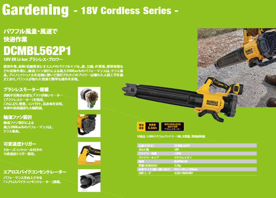 日本正規品 デウォルト 18V 充電式ブロワー 風力200km/h 軸流ファン 可変速/クルーズコントロール 5.0Ah電池/充電器付 (DCMBL562P1-JP)(4536178691987) DEWALT