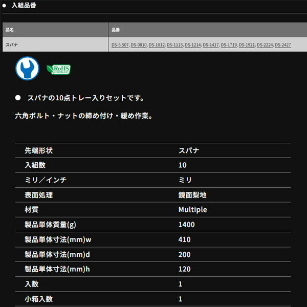 TONE 両口スパナセット 5.5×7、8×10、10×12、11×13、12×14、14×17、17×19、19×21、22×24、24×27mm (DS100C)(4953488475876) トネ