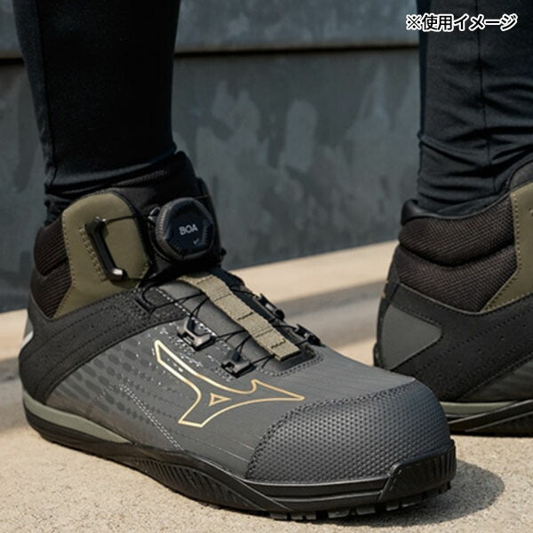 ミズノ 安全靴 ALMIGHTY TDII 81H BOA F1GA251036 ダークグレー×ゴールド×カーキ オールマイティTDII 81H BOA 高反発ソール ハイカット 3E相当