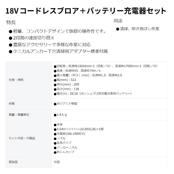 日本正規品 ボッシュ 18Vコードレスブロワー+バッテリー充電器セット GBL18V-120HSET 充電式ブロワー 本体+5.0Ahバッテリー+充電器