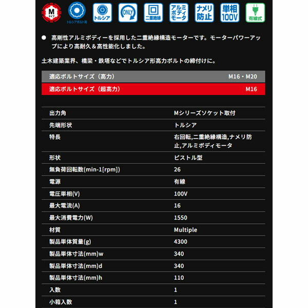 TONE シヤーレンチ M16・M20用 100V (GM201AT)(4953488268744) トネ