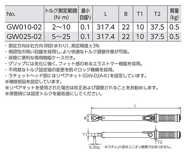 KTC 6.3sq. プレセット型 トルクレンチ GW025-02 測定範囲5~25N・m 工具