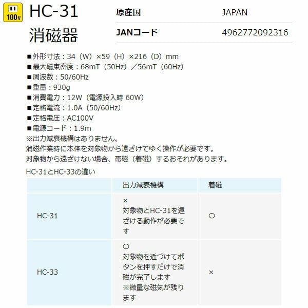 ホーザン 消磁器(100V) (HC-31)(4962772092316) HOZAN