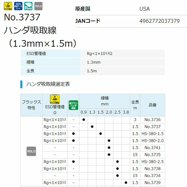 ホーザン ハンダ吸取線 (1.3MM X 1.5M) (No.3737)(4962772037379) HOZAN