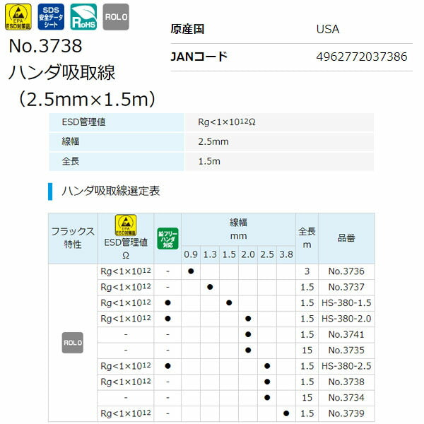 ホーザン ハンダ吸取線 (2.5MM X 1.5M) (No.3738)(4962772037386) HOZAN