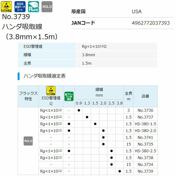 ホーザン ハンダ吸取線 (3.8MM X 1.5M) (No.3739)(4962772037393) HOZAN