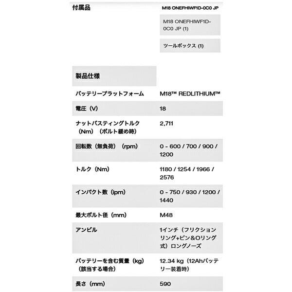 日本正規品 ミルウォーキー M18 FUEL 1インチ 2576Nm ロングノーズ インパクトレンチ (M18 ONEFHIWF1D-0C0 JP)(4573592030053) milwaukee