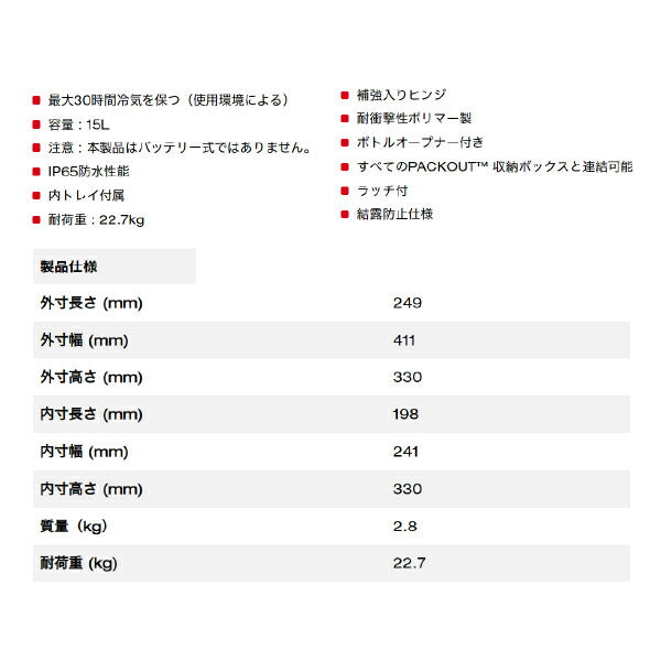 日本正規品 ミルウォーキー PACKOUT クーラーボックス (48-22-8460)(4573592050242) milwaukee