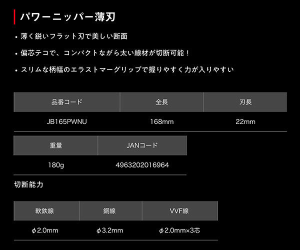 ロブテックス J-CRAFT99 パワーニッパー薄刃 JB165PWNU ジェークラフト ツーナインズ ロブスター工具 LOBSTER LOBTEX