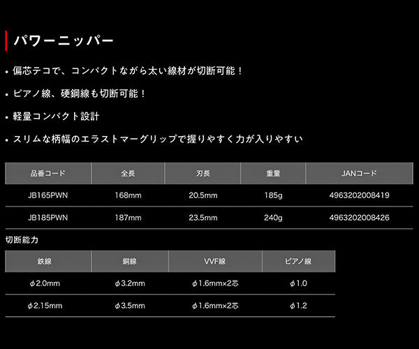 ロブテックス J-CRAFT99 パワーニッパー JB185PWN 全長187mm 強力ニッパー Jクラフト ツーナインズ ロブスター工具 LOBSTER LOBTEX