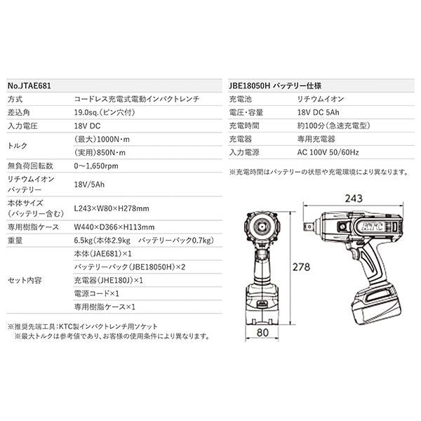 【ワケあり特価品】 (状態B) KTC 19.0sq. コードレスインパクトレンチセット JTAE681