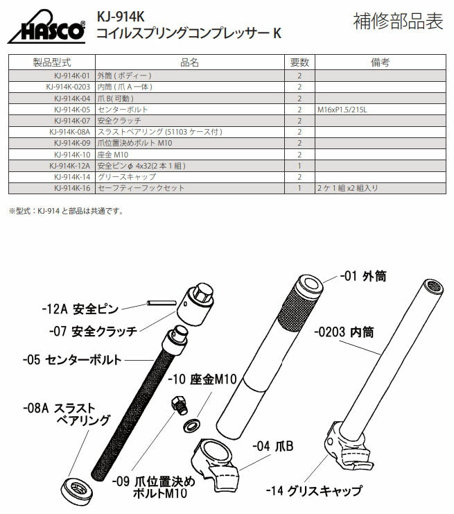 ハスコー コイルスプリングコンプレッサーK ストラット用外締め2本掛け 最大ストローク256mm インパクト対応 KJ-914K (4940995815349) HASCO