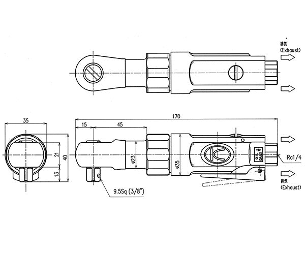 空研 KR-133A 9.5sq.エアーラチェットレンチ 3/8 9.5mm角 空気消費量が少ない精密構造 高耐久 日本製 ロングセラー
