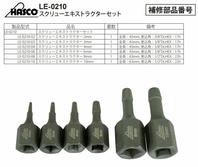 ハスコー スクリューエキストラクター 6mm 折れ込みボルト抜き取り 右ネジ専用 LE-0210-06 (4940995554484) HASCO