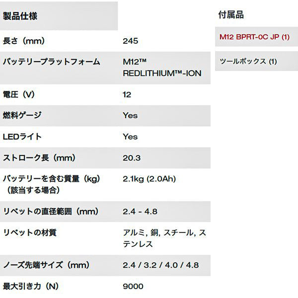 日本正規品 ミルウォーキー M12リベッター(本体のみ) (M12 BPRT-0C JP)(4573582680169) milwaukee