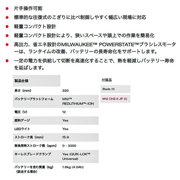 日本正規品 ミルウォーキー M12 FUEL レシプロソー(本体のみ) (M12 CHZ-0 JP)(4573582680114) milwaukee