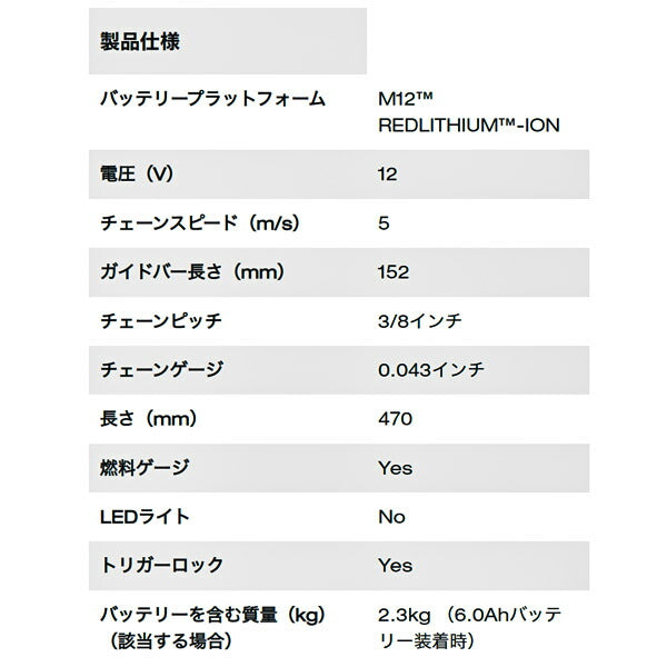 日本正規品 ミルウォーキー M12 FUEL 小型チェーンソー(本体のみ) (M12 FHS-0X0 JP)(4573582680251) milwaukee