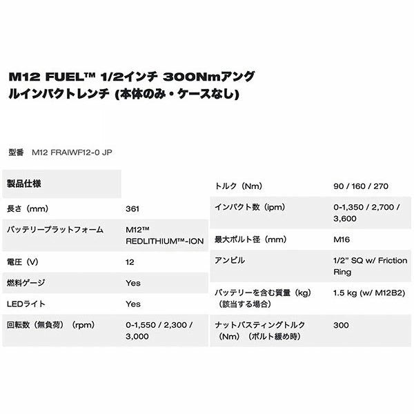 日本正規品 ミルウォーキー M12 FUEL 1/2インチ 300Nmアングルインパクトレンチ(本体のみ) (M12 FRAIWF12-0 JP)(4573582680039) milwaukee