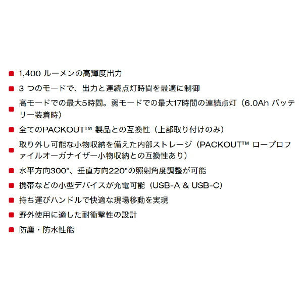 日本正規品 ミルウォーキー PACKOUT エリアライト (M12 POAL-0 APJ)(4573592040274) milwaukee