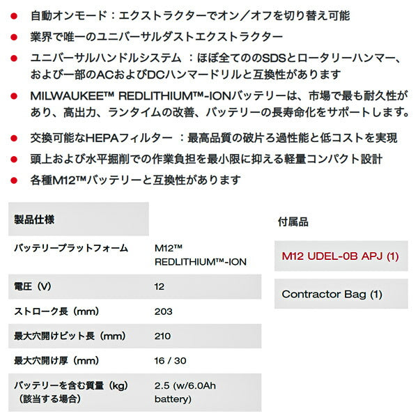 日本正規品 ミルウォーキー M12 ユニバーサル集じんアダプター(本体のみ) (M12 UDEL-0B APJ)(4573582680084) milwaukee