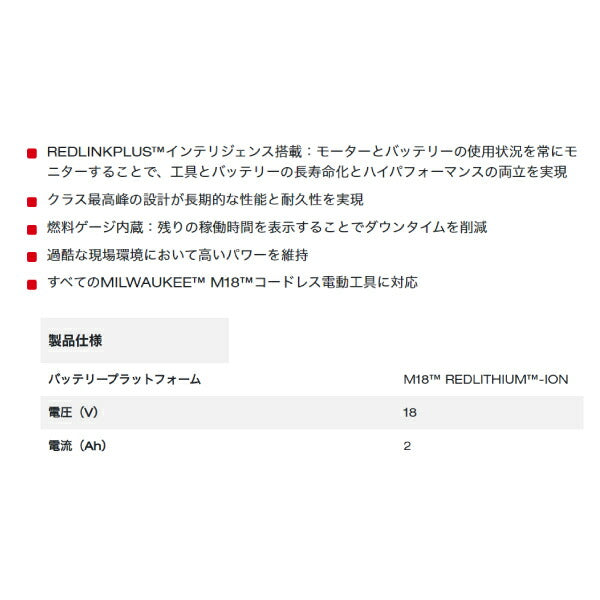 日本正規品 ミルウォーキー M18 2.0AH バッテリー (M18 B2 JP)(4573592060098) milwaukee