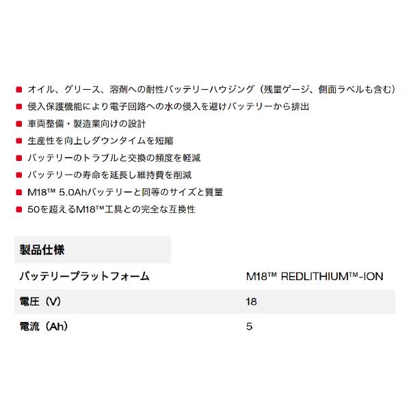 日本正規品 ミルウォーキー M18 5.0AH 耐環境バッテリー (M18 B5-CR JP)(4573592060326) milwaukee