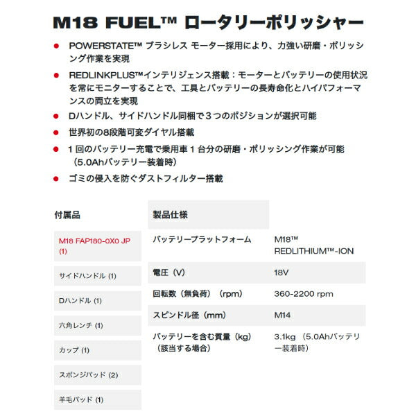 日本正規品 ミルウォーキー M18 FUEL ロータリーポリッシャー (M18 FAP180-0X0 JP)(4573592031371) milwaukee