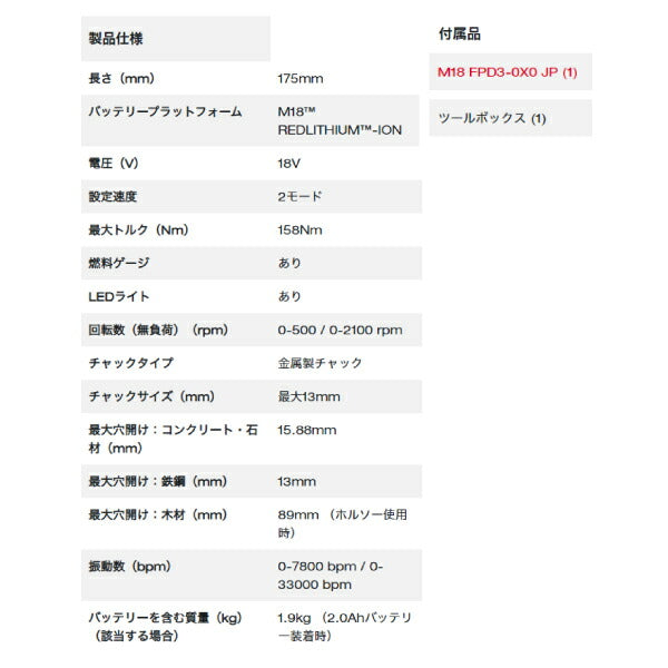 日本正規品 ミルウォーキー M18 FUEL 振動ドリルドライバー (M18 FPD3-0X0 JP)(4573592031258) milwaukee