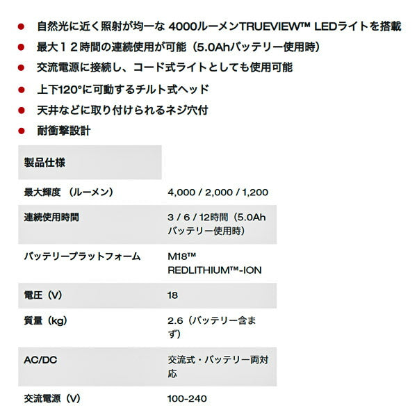 日本正規品 ミルウォーキー M18 LEDハイパフォーマンスエリアライト(本体のみ) (M18 HOAL-0 APJ)(4573592040137) milwaukee