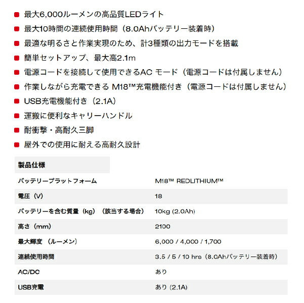日本正規品 ミルウォーキー M18 充電機能付きスタンドライト (M18 HOSALC-0 JP)(4573592030664) milwaukee