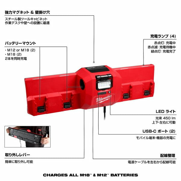 日本正規品 ミルウォーキー M12-M18 マグネット充電器 2.0Ah & 5.0Ah キット 4口同時充電 USB-C×2 450lm LEDライト M12 M18バッテリー対応 数量限定 (M18 NRG-522LR JP) (4573592060616) Milwaukee